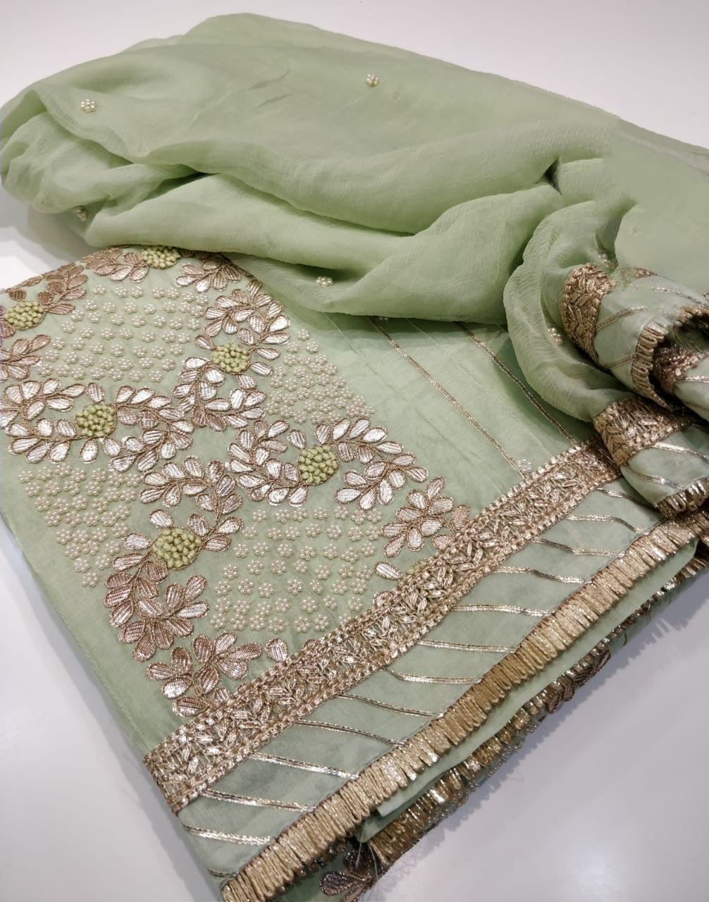 ATHARVA Hand Embroidery Salwar Kameez Pista /Chiffon Dupatta With Stone & Trim/Custom Stitch Unstitch/Gift/Patiala/Anarkali/Churridar/CH17312