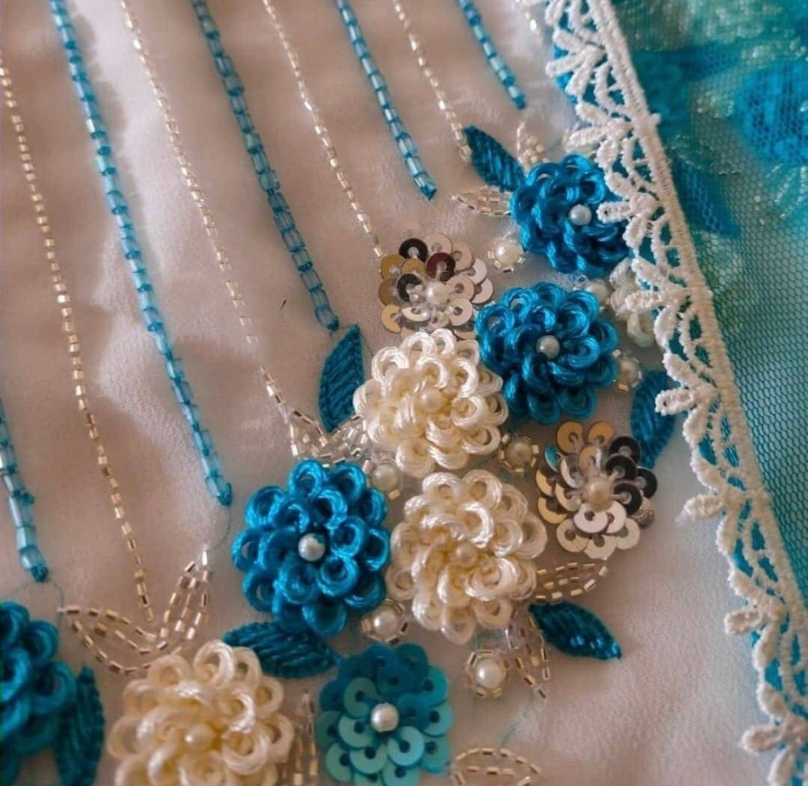 ATHARVA Hand Embroidery Salwar Kameez/3D Embroidery Neck/Georgette/White Blue/Lace Trim Dupatta/Custom Stitch/Churidar/Anarkali/Plazo/GE9074