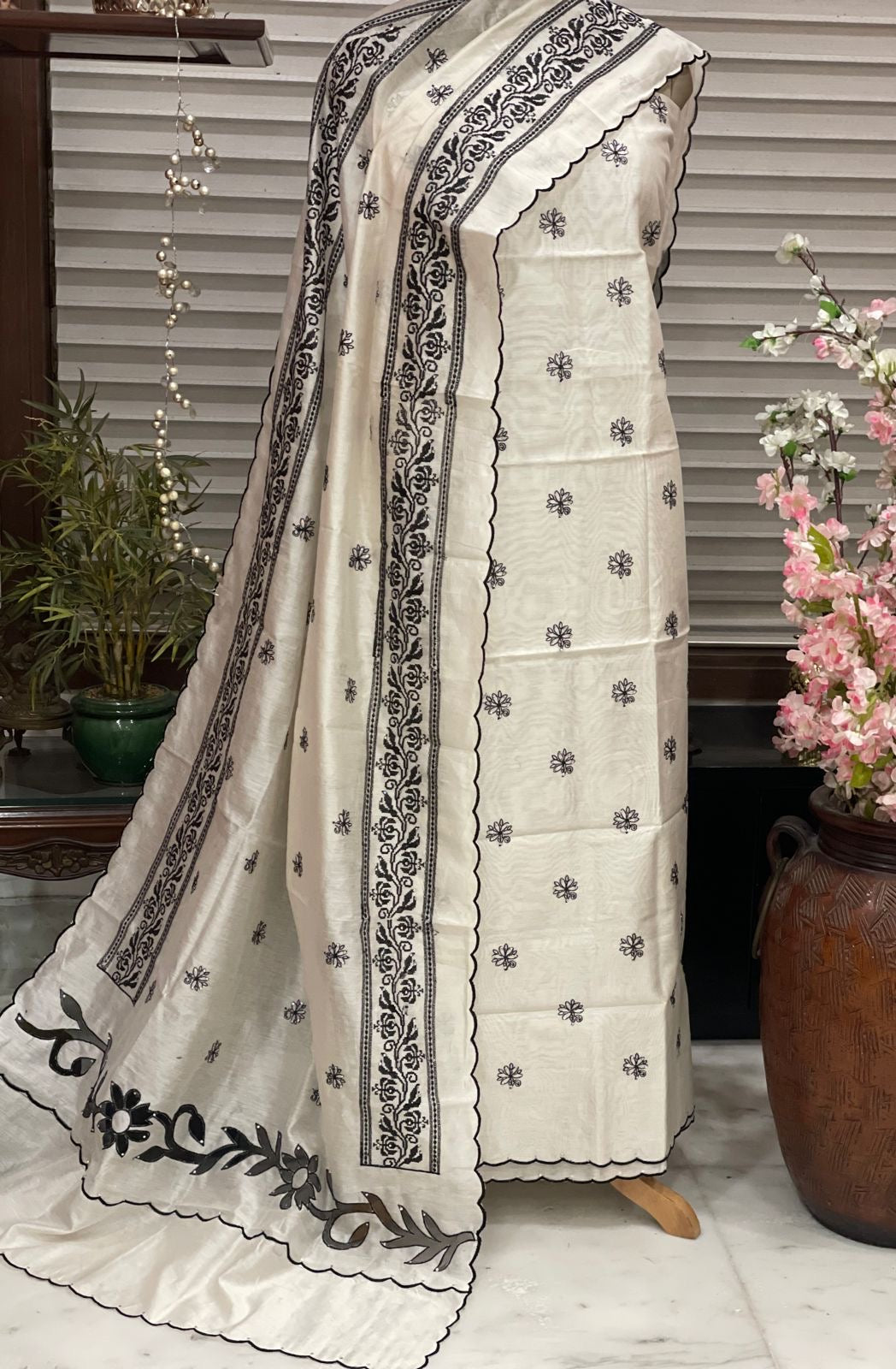 PURE CHANDER SILK PARSI GARA SUIT with Cutwork on width CH5418 Black and white