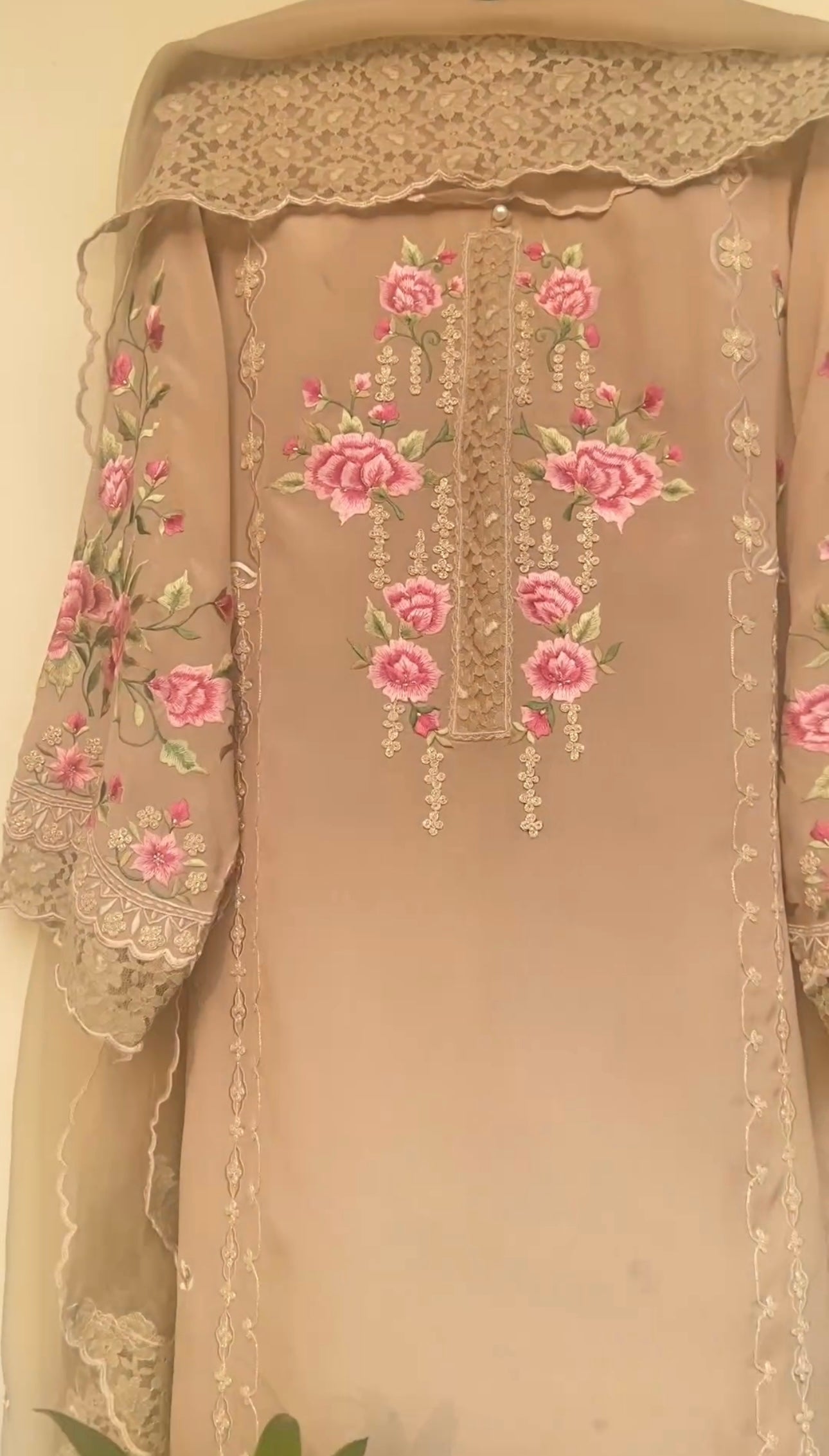 Atharva Heritage Beige Elegance in every stitch: Embrace the timeless beauty of Pure Georgette Parsi Gara suit paired with a delicate Georgette Lace Designer Dupatta." GE0057 Beige