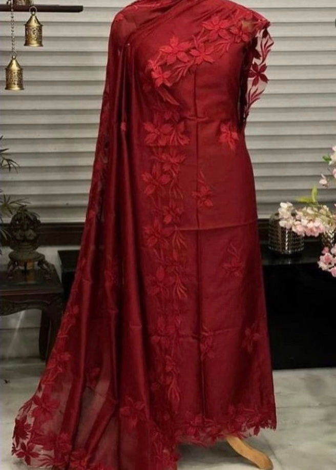 ATHARVA Hand Embroidery Salwar Kameez/Chanderi Appliqué -Work Shirt & Dupatta/Santoon Bottom/Custom Stitch Unstitch/Plazo/Pant/CUT8030