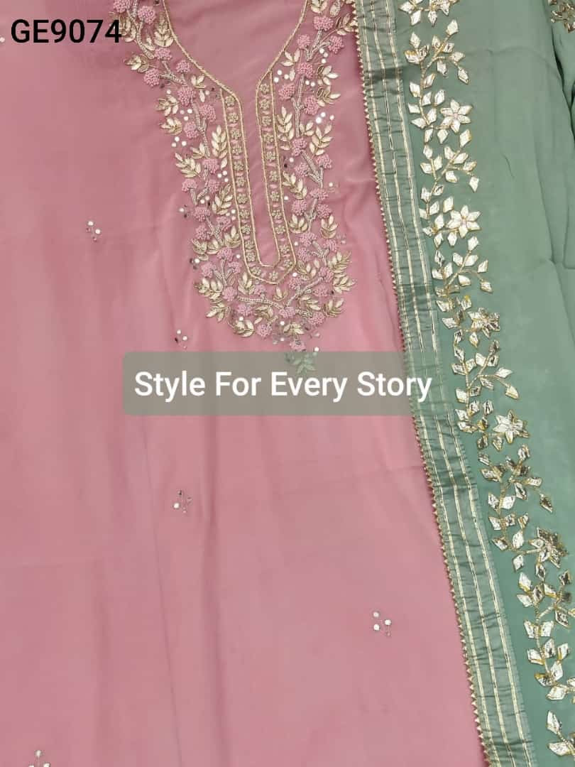 ATHARVA Hand Embroidered Salwar Kameez w/ Pink Georgette Shirt/Gota Pati Georgette Pistachio Color Dupatta/Custom Stitch Unstitch/Custom Anarkali/GE9074 Pink n pistachio