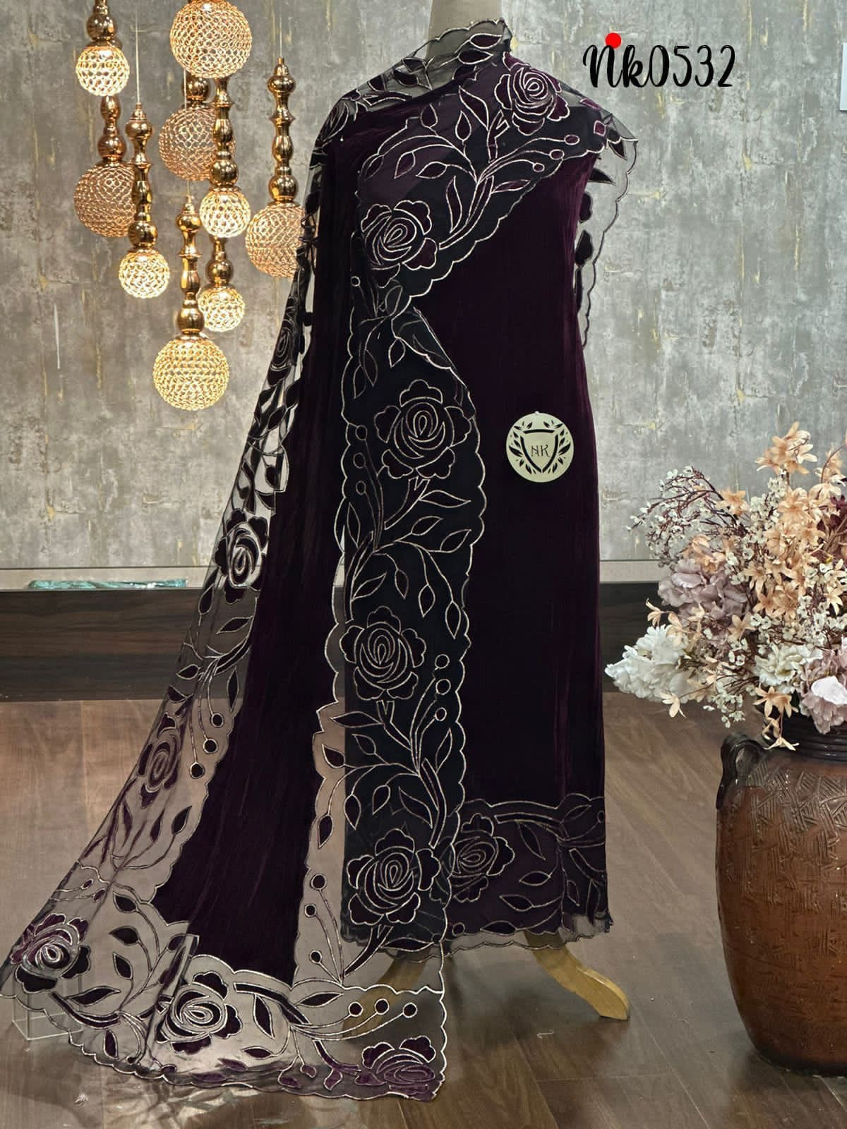 ATHARVA Applique Embroidery Salwar Kameeiz/Velvet Cut-Work Shirt & Dupatta/Velvet Bottom/Custom Stitch Unstitch/Plazo/Pant/VC8133