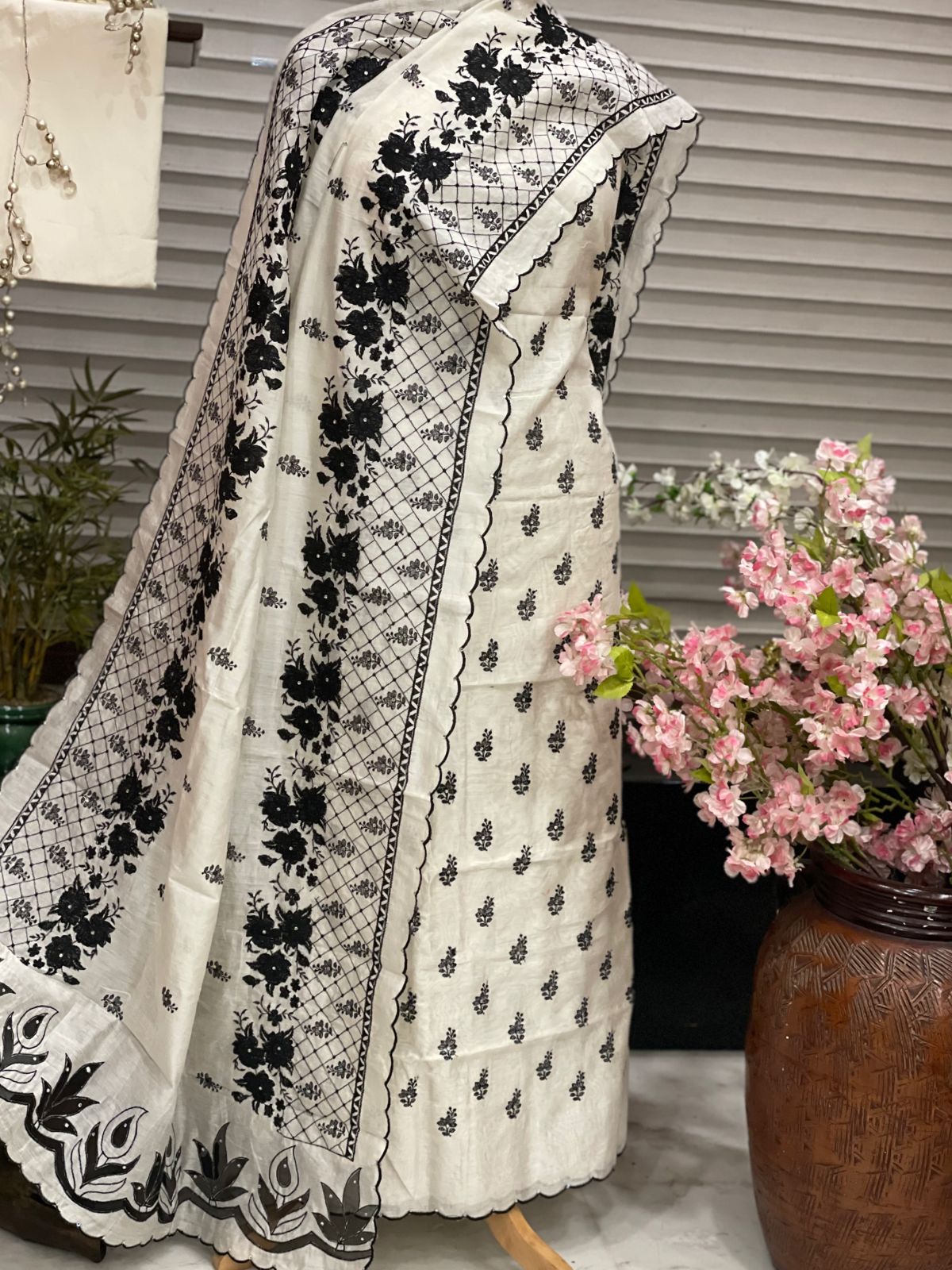 PURE CHANDER SILK PARSI GARA SUIT with Cutwork on width CH5416 Black and white