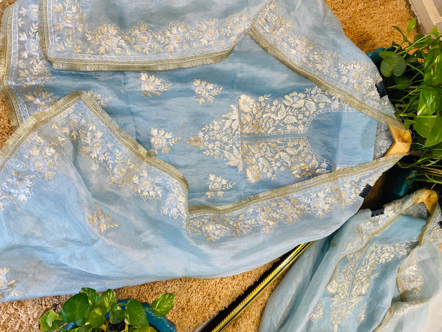 Husn ICE BLUE DAIMOND TISSUE INTRICATELY HAND WOVEN /MAHARANI LUXURY TISSUE SILK SUIT MTC009(Blue)