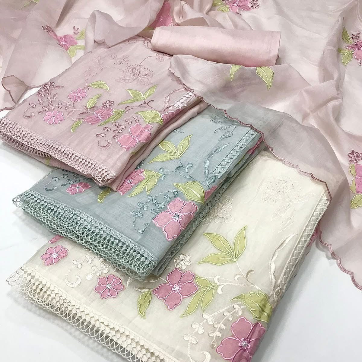 Atharva Heritage/Pure Mul Chanderi Shirt & Dupatta/ Hand Applique with Thread Embroidery/Cotton Silk Bottom/CUT80377