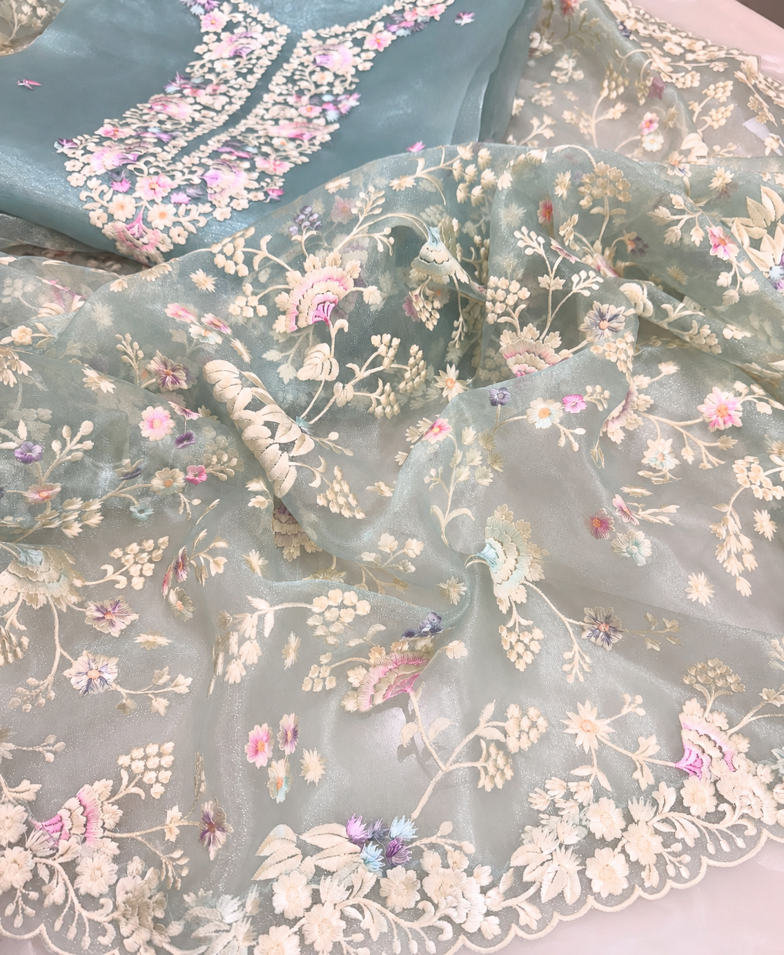 Atharva Heritage Sheer Luxury /Pure Silk Organza PARSI GARA Front and back SUIT Powder Blue SLO651