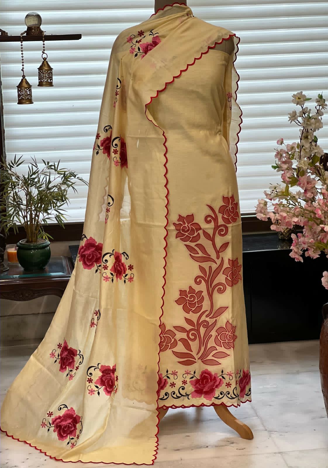 ATHARVA Hand Embroidery Salwar Kameez/Chanderi Cut-Work Shirt & Dupatta/Santoon Bottom/RED/Custom Stitch Unstitch/Plazo/Pant/CUT8099