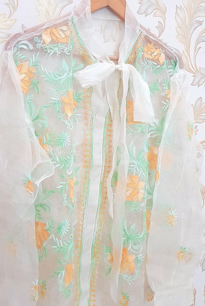 Atharva Heritage Sheer Luxury Silk Organza Lucknowi Semi Stitched Top SLT002 Pearl White
