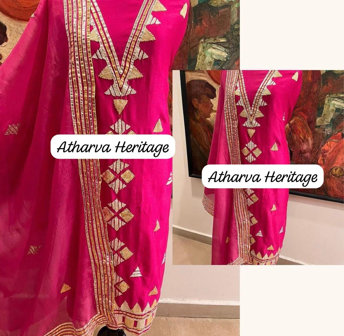Atharva Hand Gota Embroidered mul Chanderi Hand woven edits MC7001 Hot Pink