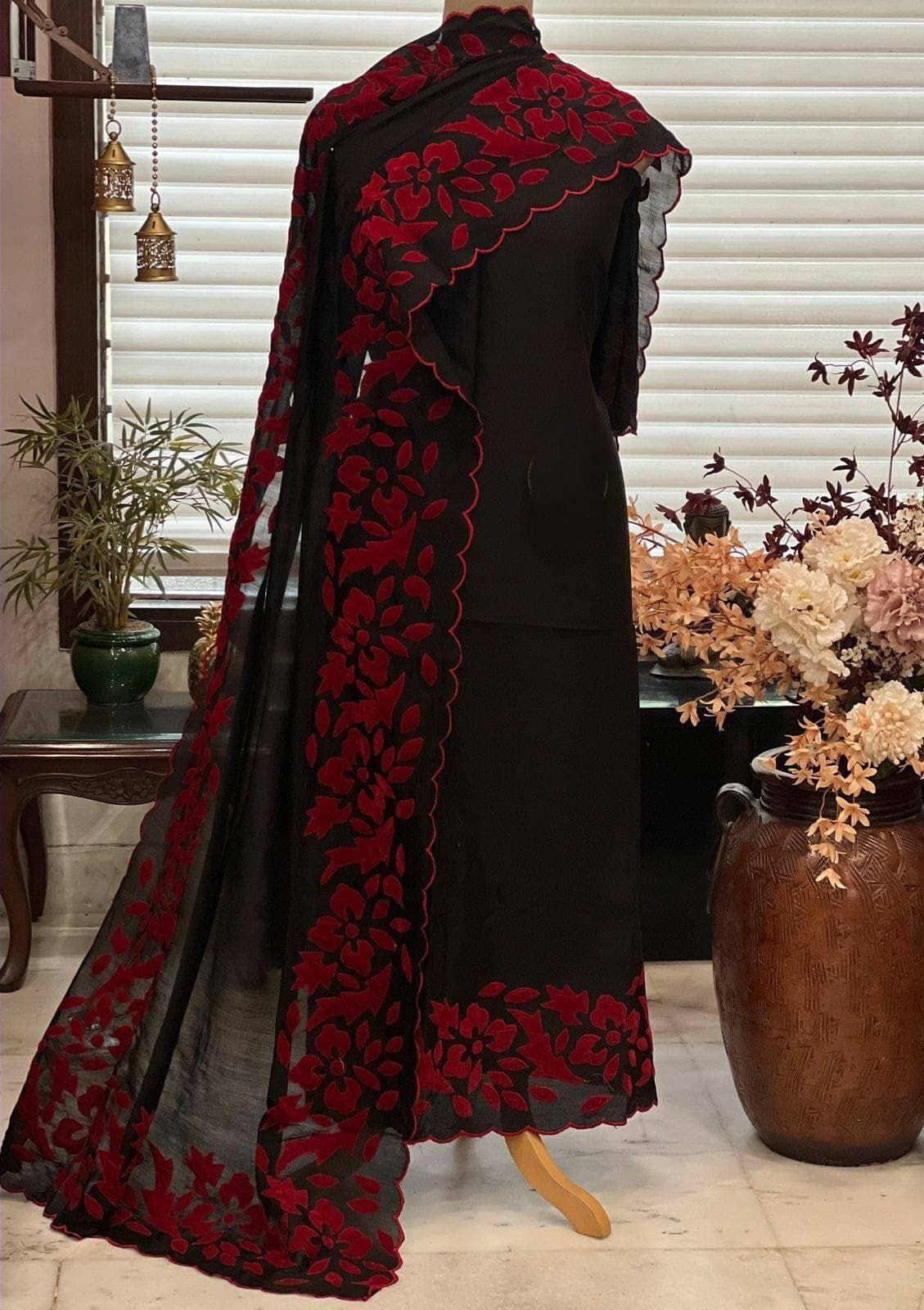 ATHARVA Hand Applique /Cutwork Embroidery Salwar Kameez/pure Chanderi Silk 70 Gram Shirt & Dupatta/Santoon Bottom/Custom Stitch Unstitch/Plazo/Pant/ CUT8055