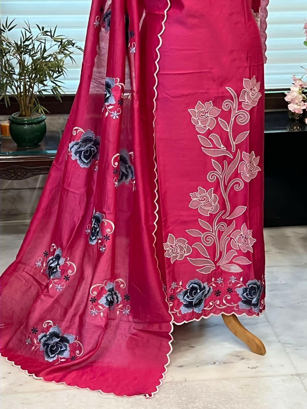 ATHARVA Hand Embroidery Salwar Kameez/Chanderi Cut-Work Shirt & Dupatta/Santoon Bottom/RED/Custom Stitch Unstitch/Plazo/Pant/CUT8099