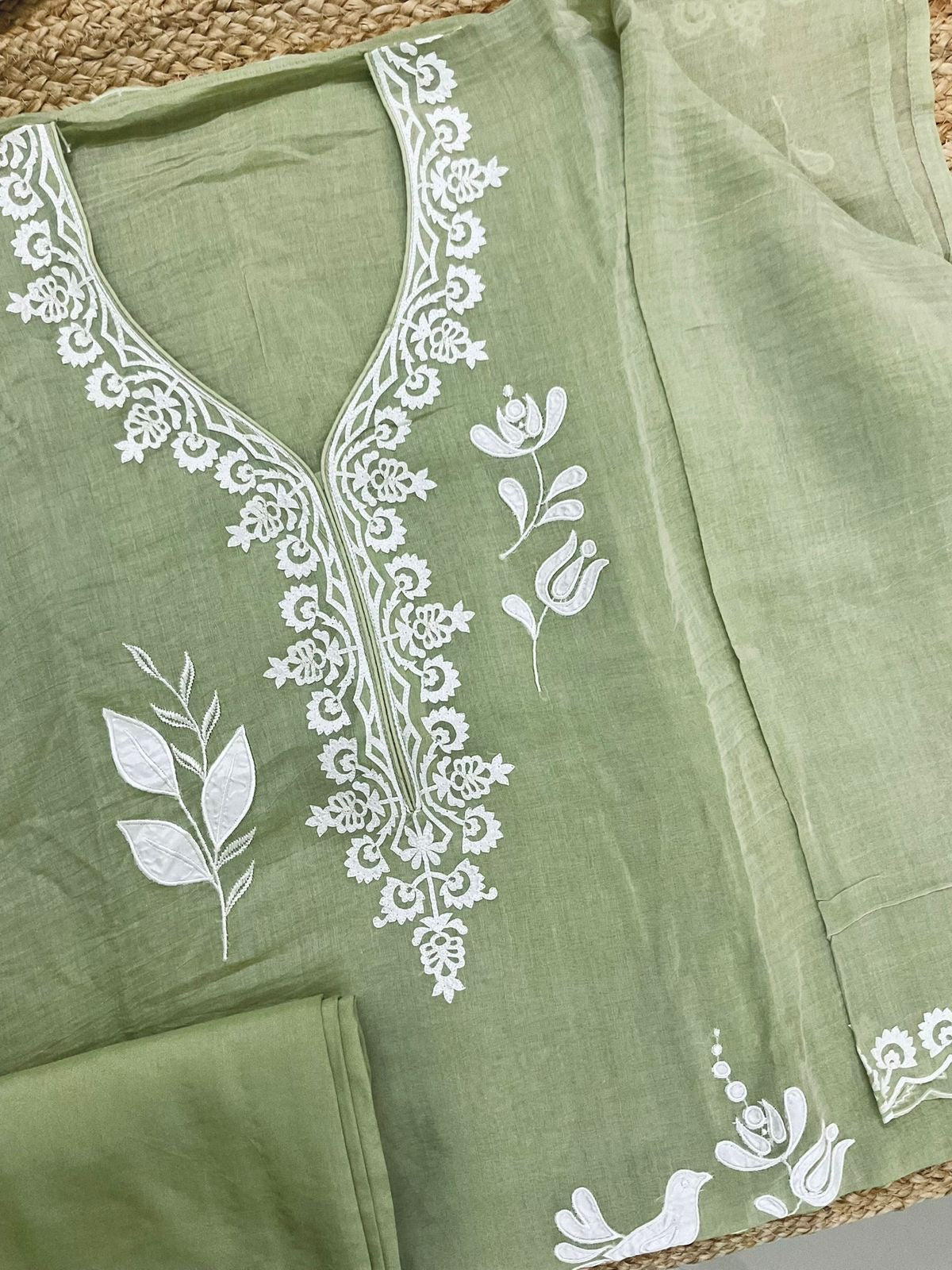Atharva Heritage/Pure Mul Chanderi Shirt & Dupatta/French Thread Embroidery With Hand Applique /Cotton Silk Bottom/CUT80371 Green