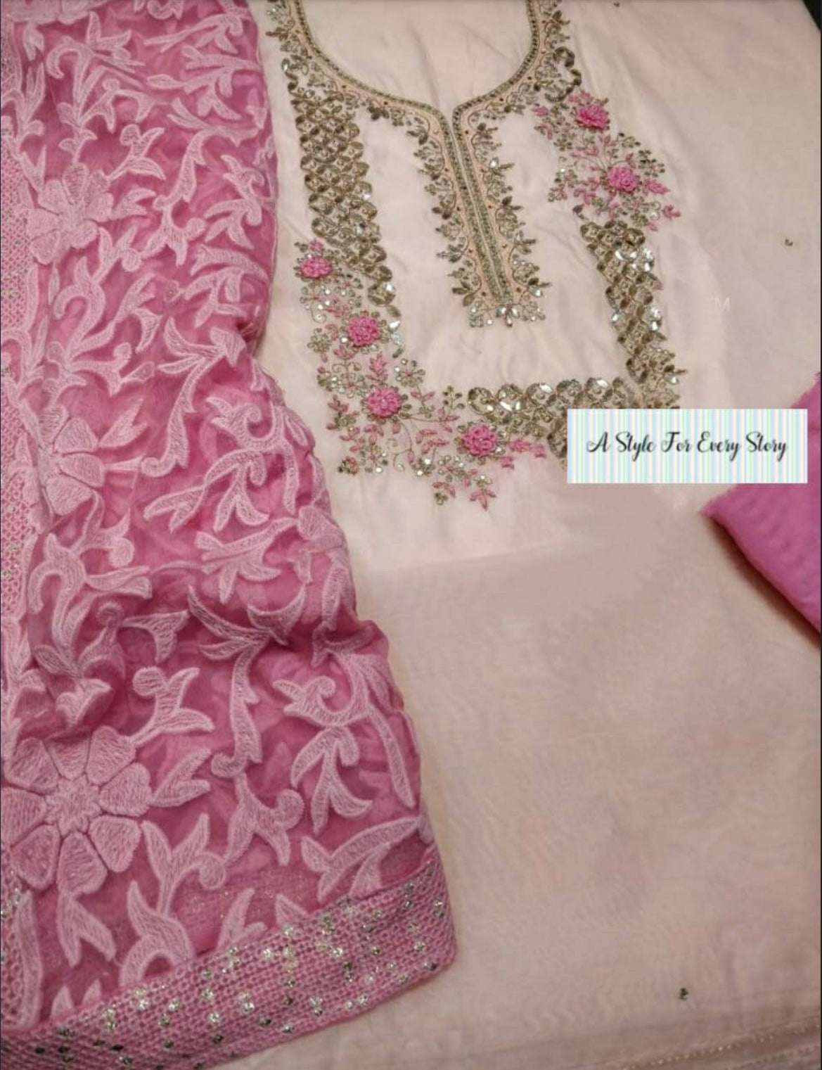 ATHARVA Hand Embroidered Salwar Kameez Chanderi Shirt/Lucknowi Silk Organza Dupatta/Custom Stitch Unstitch/Custom Anarkali/H18017