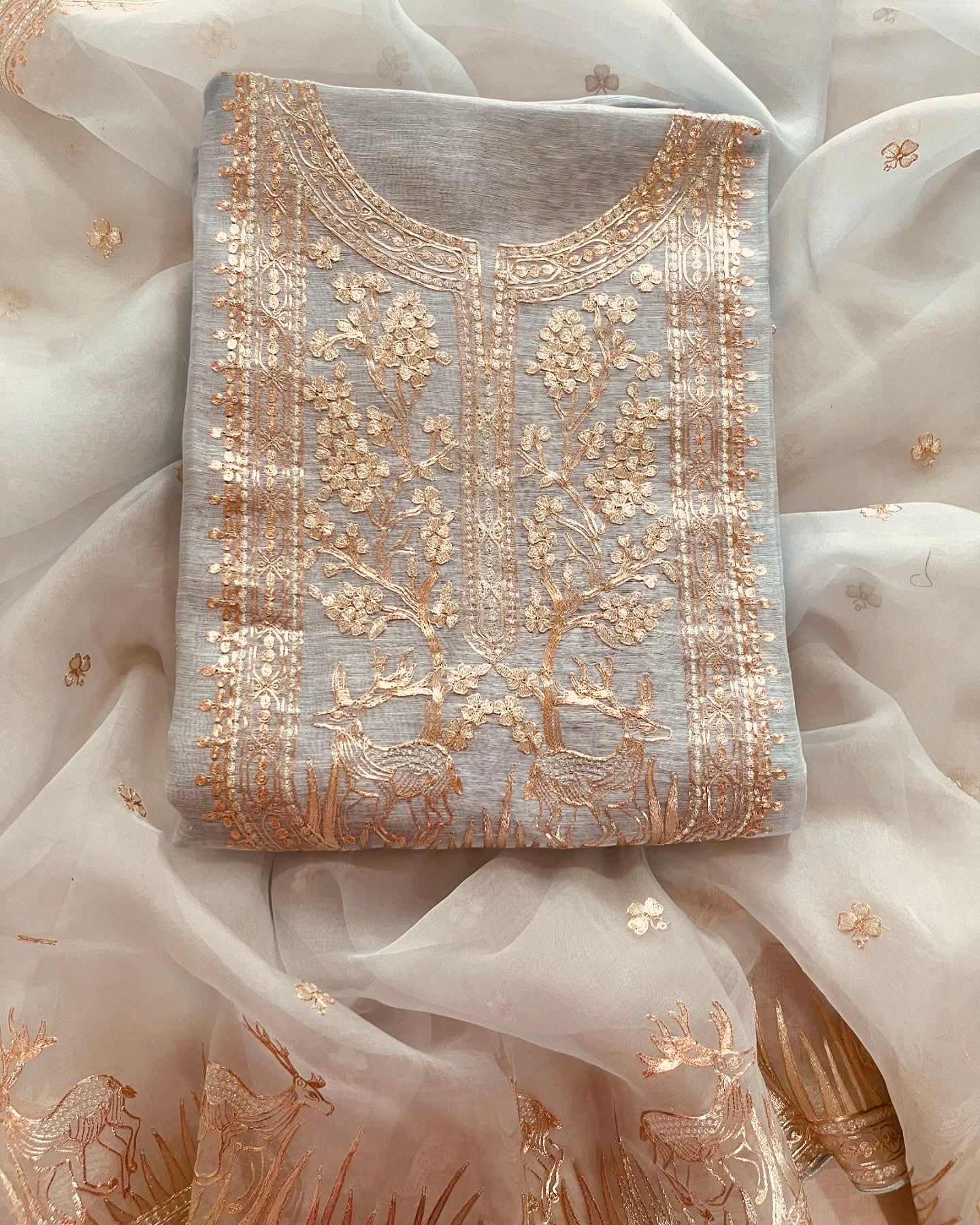 MAHARANI LUXURY CHANDERI SILK 70 GRAMS KURTA /PURE SILK ORGANZA DUPATTA PITA EMBROIDERY SUIT MCCH0017 Ivory