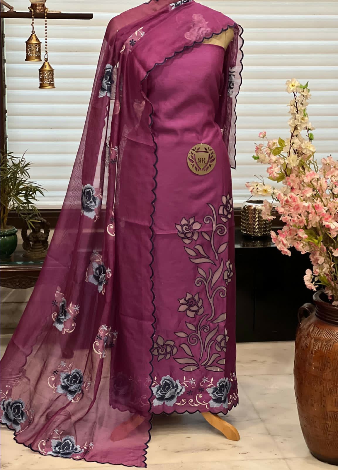 ATHARVA Hand Embroidery Salwar Kameez/Chanderi Cut-Work Shirt & Dupatta/Santoon Bottom/RED/Custom Stitch Unstitch/Plazo/Pant/CUT8099