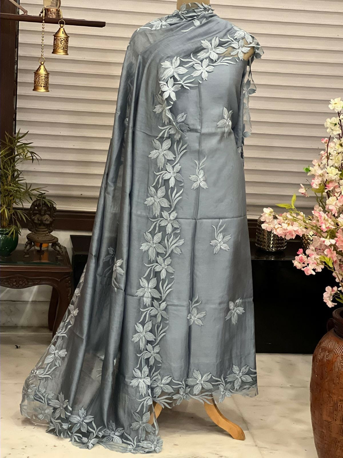 ATHARVA Hand Embroidery Salwar Kameez/Chanderi Appliqué -Work Shirt & Dupatta/Santoon Bottom/Custom Stitch Unstitch/Plazo/Pant/CUT8030