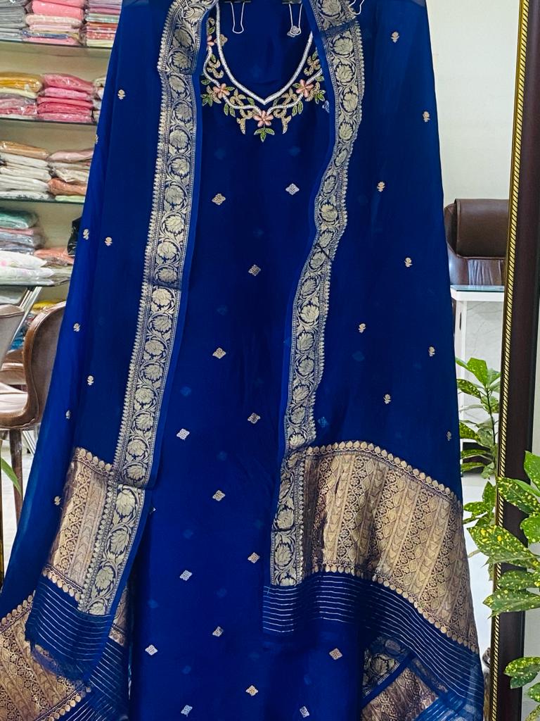 Husn Electric Blue kora silk hand embroidered suit set KS001