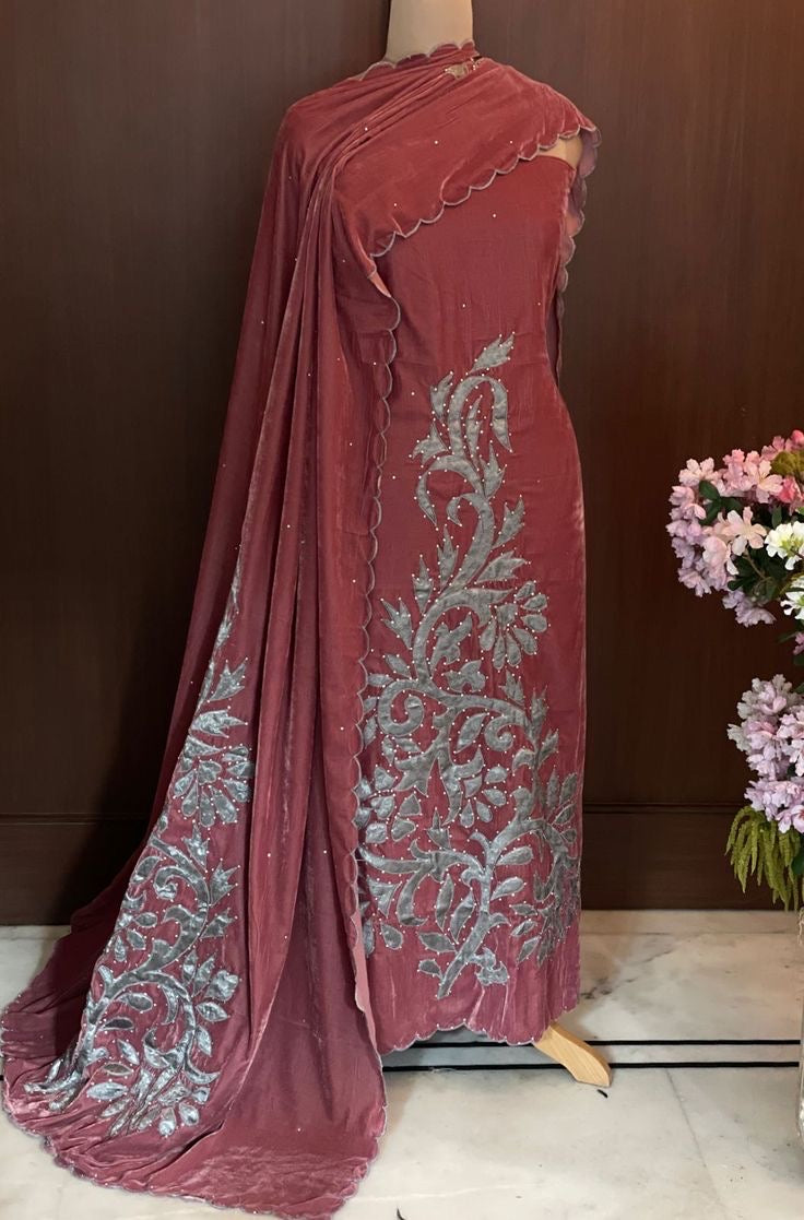 ATHARVA Applique Embroidery Salwar Kameeiz/Velvet Cut-Work Shirt & Dupatta/Velvet Bottom/Custom Stitch Unstitch/Plazo/Pant/VC8128