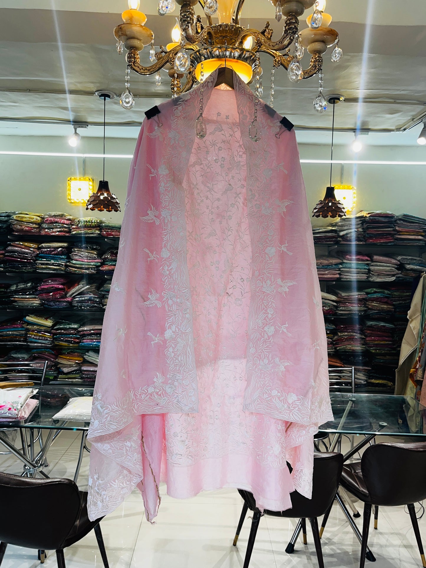 PURE MUL CHANDERI SILK PARSI GARA SUIT MCH0015 (B) Powder Pink