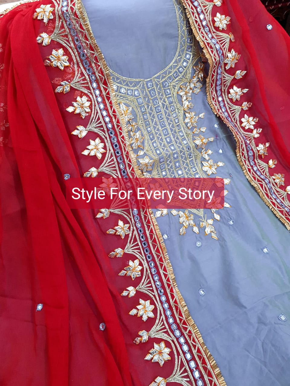 ATHARVA Hand Embroidered Salwar Kameez w/Bottle English Grey n Red Chanderi Shirt/Gota Pati Chiffon Dupatta/Custom Stitch Unstitch/Custom Anarkali/CH18012