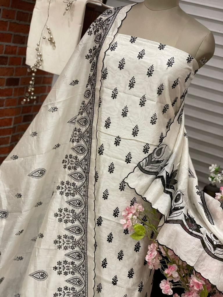 PURE CHANDER SILK PARSI GARA SUIT with Cutwork on width CH5420 Black and white