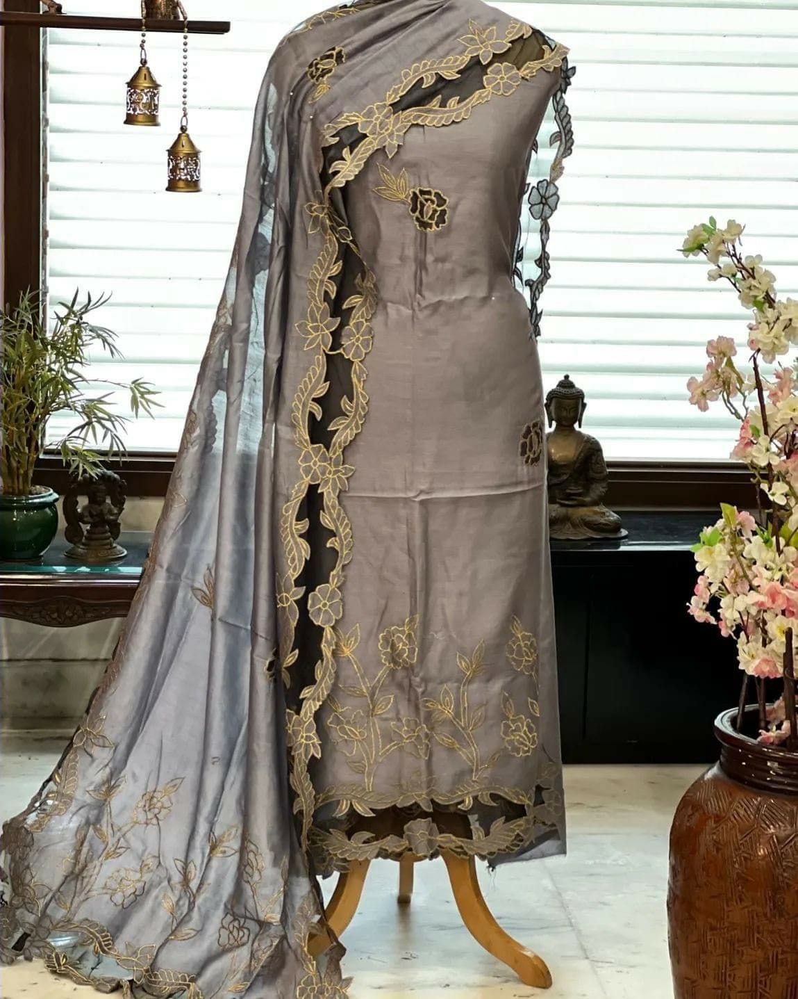 ATHARVA Hand Embroidery Salwar Kameez/Chanderi Cut-Work Shirt & Dupatta/Santoon Bottom/Custom Stitch Unstitch/Plazo/Pant/CUT8029