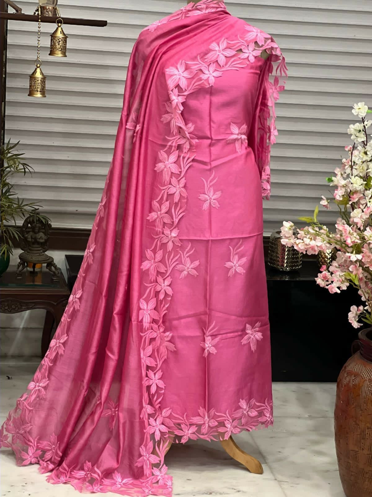 ATHARVA Hand Embroidery Salwar Kameez/Chanderi Appliqué -Work Shirt & Dupatta/Santoon Bottom/Custom Stitch Unstitch/Plazo/Pant/CUT8030