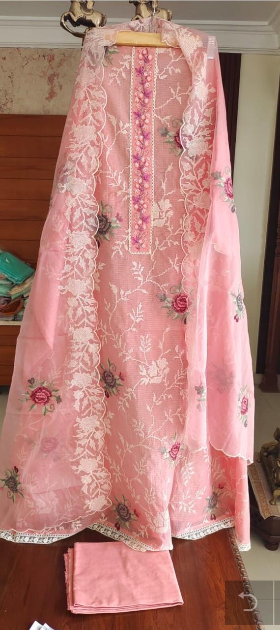 Atharva Embroidered Cotton Kota Salwar Kameez/Embroidery organza Dupatta/Cotton kota Embroidery Shirt Pink/Cotton Chikankari Bottom- KK00213