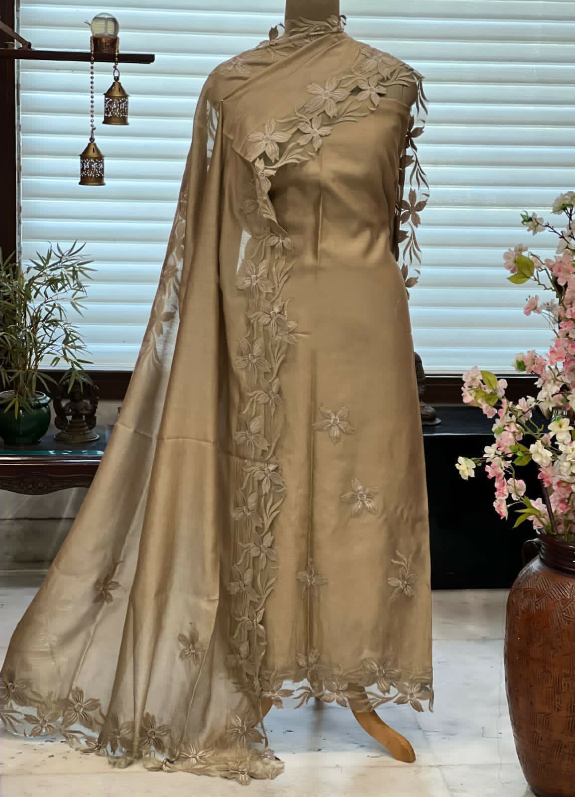 ATHARVA Hand Embroidery Salwar Kameez/Chanderi Appliqué -Work Shirt & Dupatta/Santoon Bottom/Custom Stitch Unstitch/Plazo/Pant/CUT8030