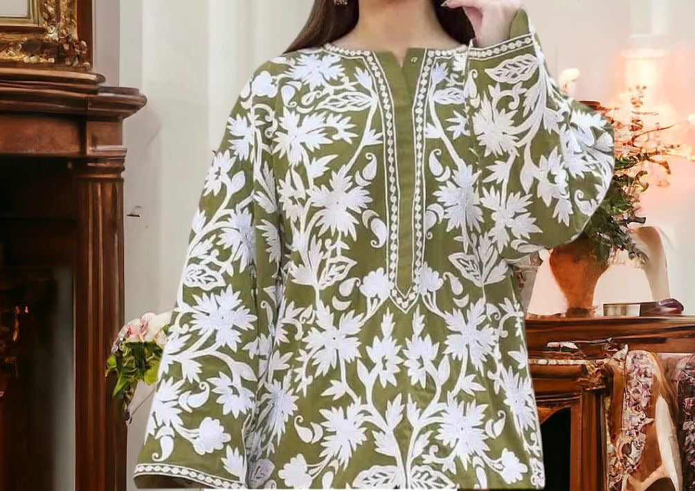 ATHARVA Stitched Applique Salwar Kameez/Chanderi Applique Shirt & Silk organza Dupatta/Santoon Bottom/Custom Stitch Unstitch/Plazo/Pant/CUT8111