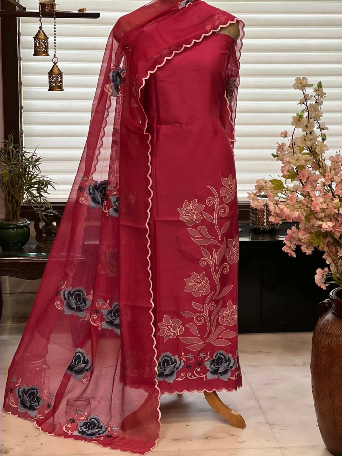 ATHARVA Hand Embroidery Salwar Kameez/Chanderi Cut-Work Shirt & Dupatta/Santoon Bottom/RED/Custom Stitch Unstitch/Plazo/Pant/CUT8099