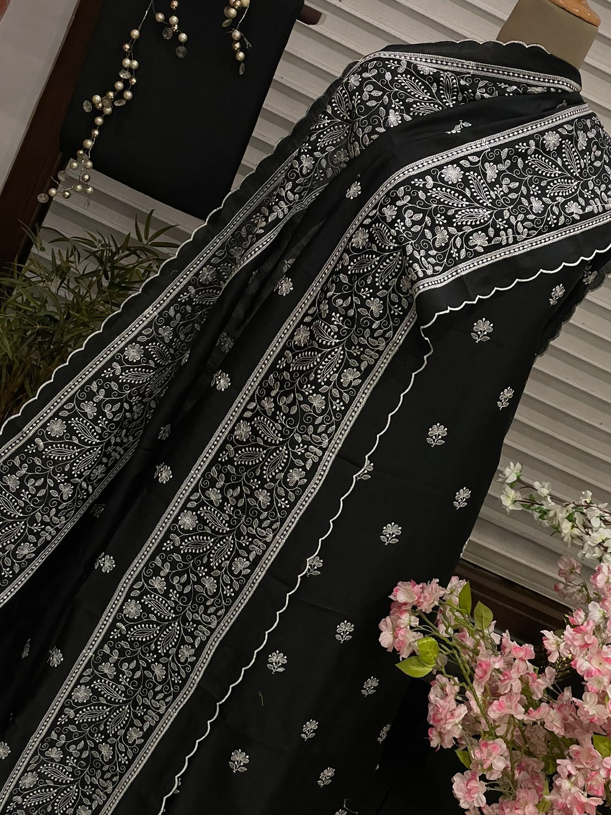 PURE CHANDER SILK PARSI GARA SUIT with Cutwork on width CH5417 Black and white