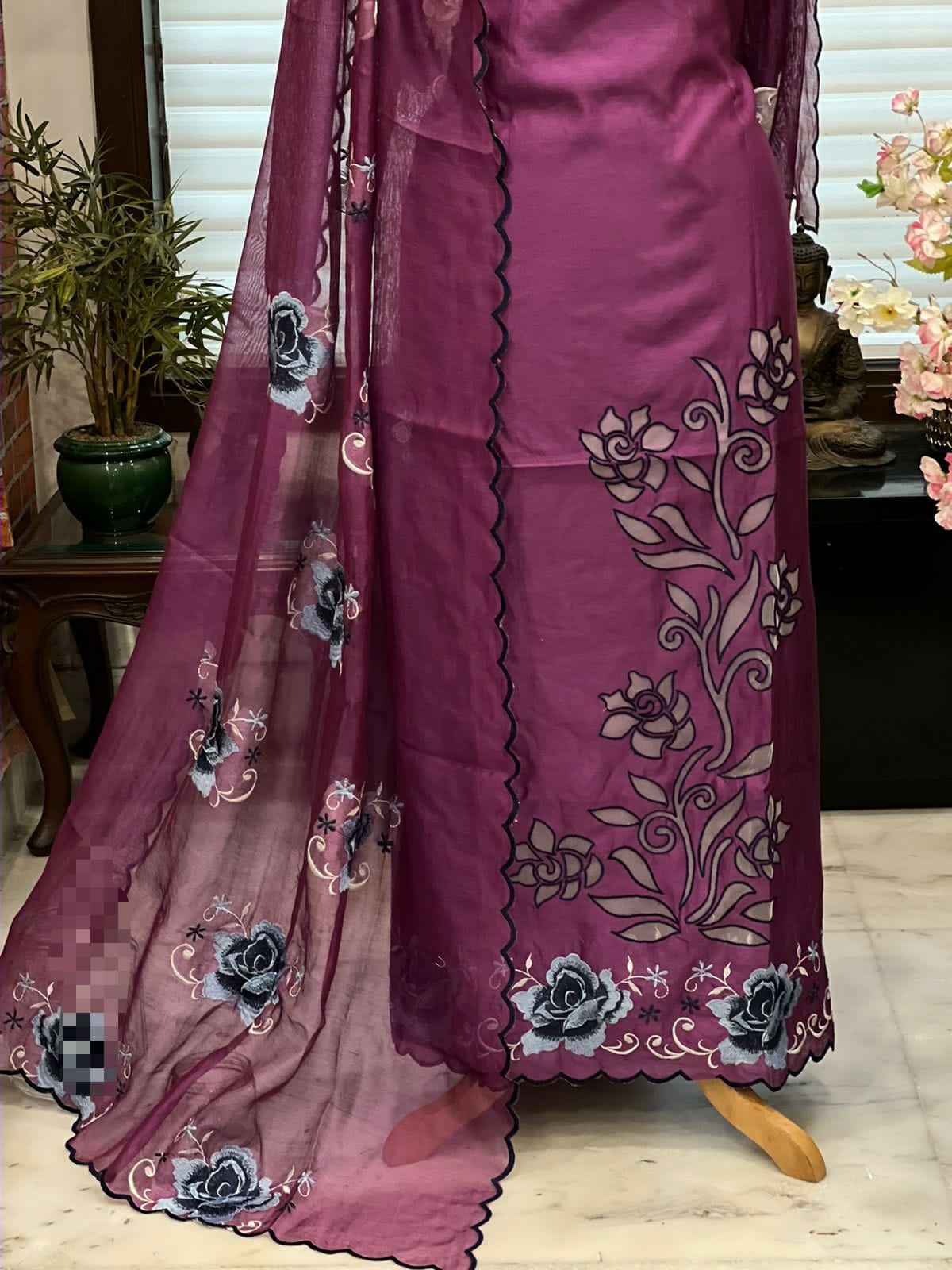 ATHARVA Hand Embroidery Salwar Kameez/Chanderi Cut-Work Shirt & Dupatta/Santoon Bottom/RED/Custom Stitch Unstitch/Plazo/Pant/CUT8099