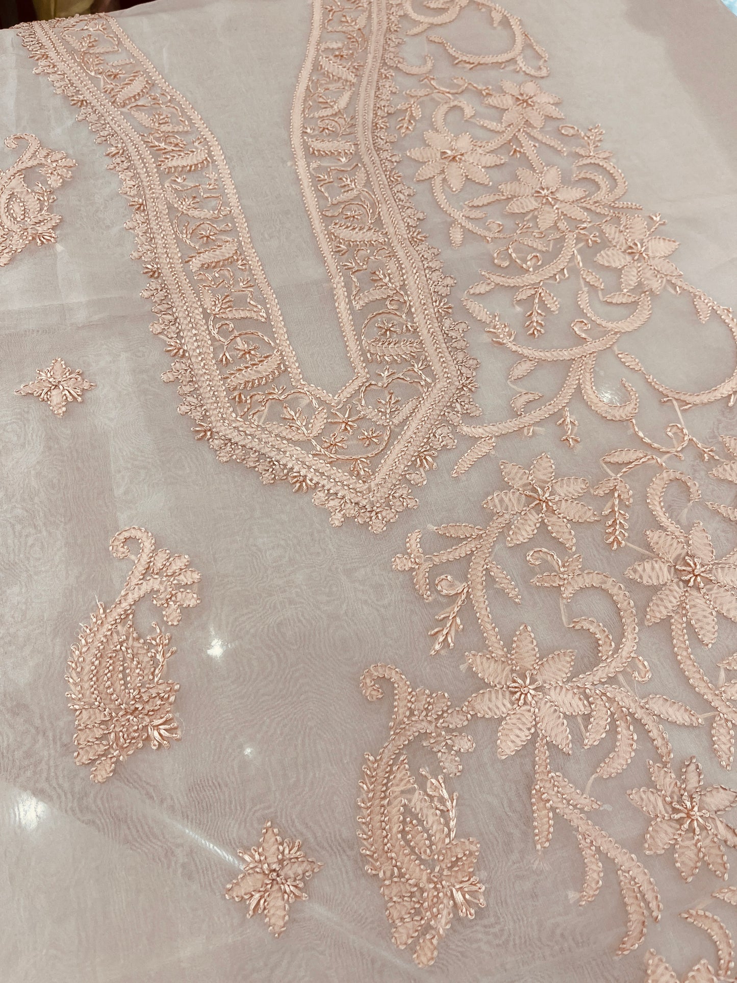 Atharva Heritage Sheer Luxury “Handcrafted 2-Taar Shadow Lucknowi Embroidered Suit – Pure Silk Organza | Limited Edition LUCK0101