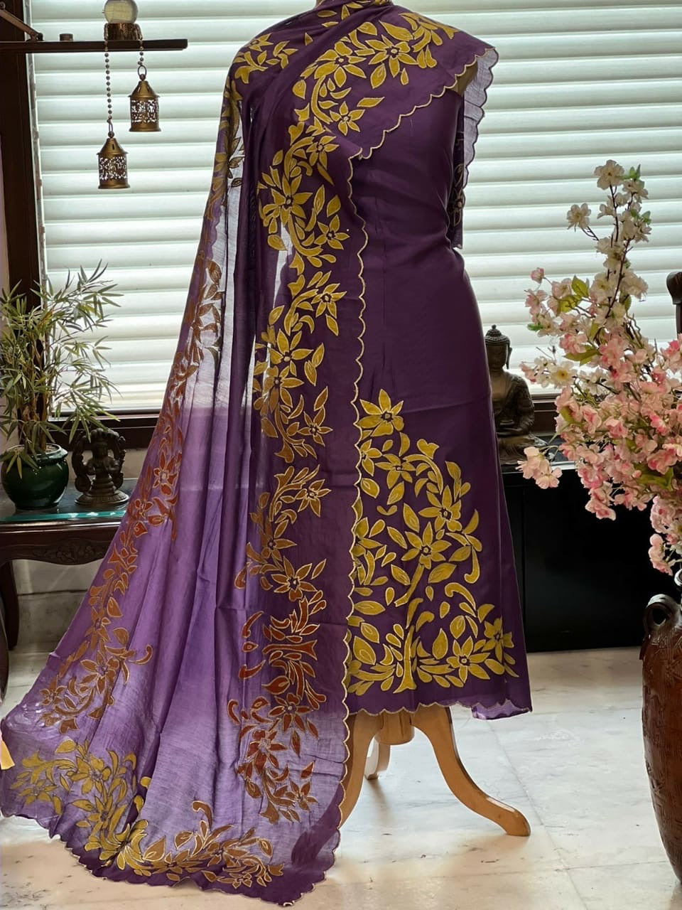 ATHARVA Hand Applique /Cutwork Embroidery Salwar Kameez/pure Chanderi Silk Shirt & Dupatta/Santoon Bottom/Custom Stitch Unstitch/Plazo/Pant/ CUT8069P Purple