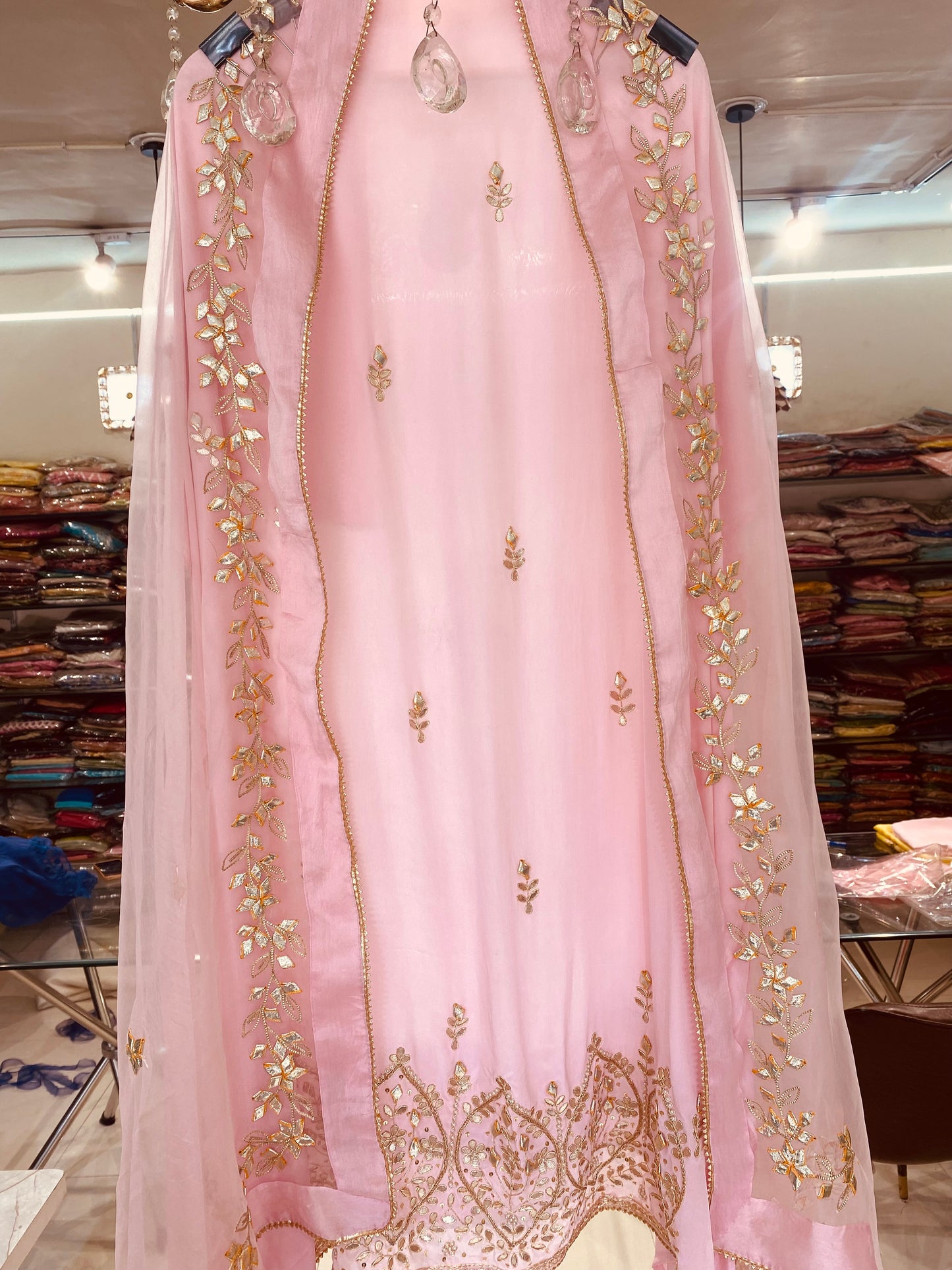 Atharva Heritage Powder Pink Pure Satin Silk Ensemble with Hand Embroidery & Gotapati Dupatta SSGP654