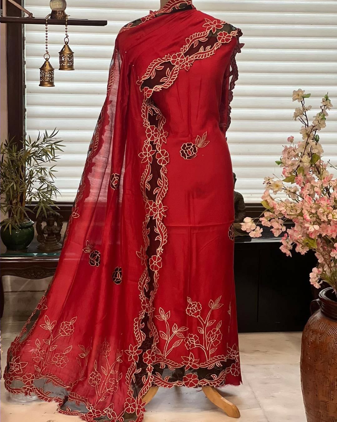 ATHARVA Hand Embroidery Salwar Kameez/Chanderi Cut-Work Shirt & Dupatta/Santoon Bottom/Custom Stitch Unstitch/Plazo/Pant/CUT8029