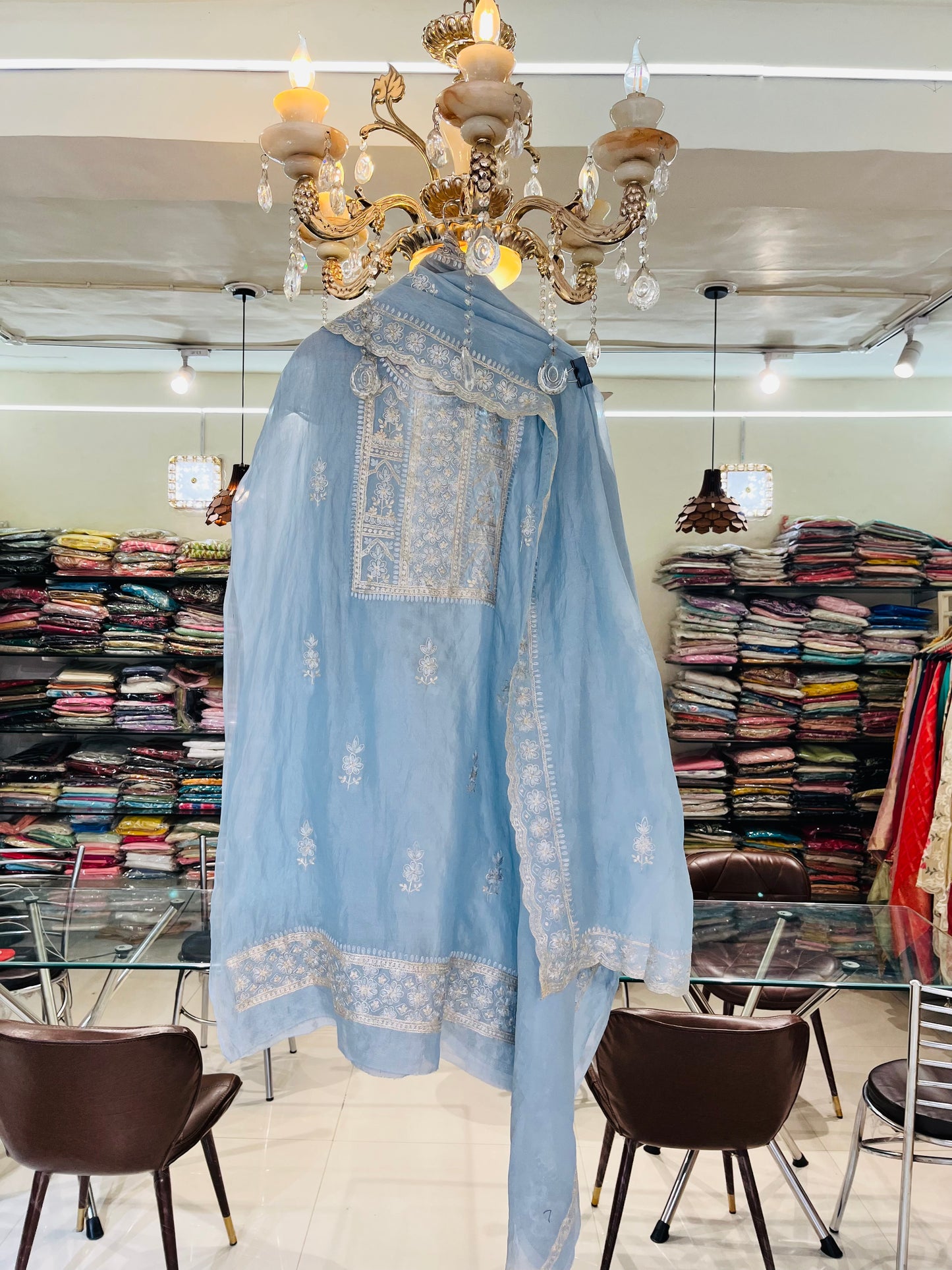 Husn ICE BLUE Handwoven TISSUE INTRICATELY HAND WOVEN /MAHARANI LUXURY TISSUE SILK SUIT MTC0025(Blue)