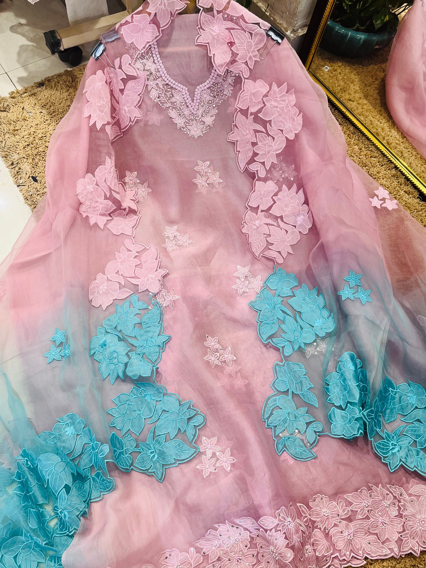 Sheer Luxury Pakistani Appliqué Suit PL0015LT Lavender with Turquoise