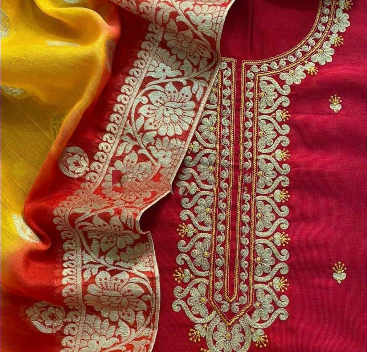 ATHARVA Embroidery Salwar Kameez w/pure Chanderi Silk Embroidery Neck Reds w/Banarsi Silk Dupatta/Custom Stitch/Tunic/Patiala/Churridar/SA2001