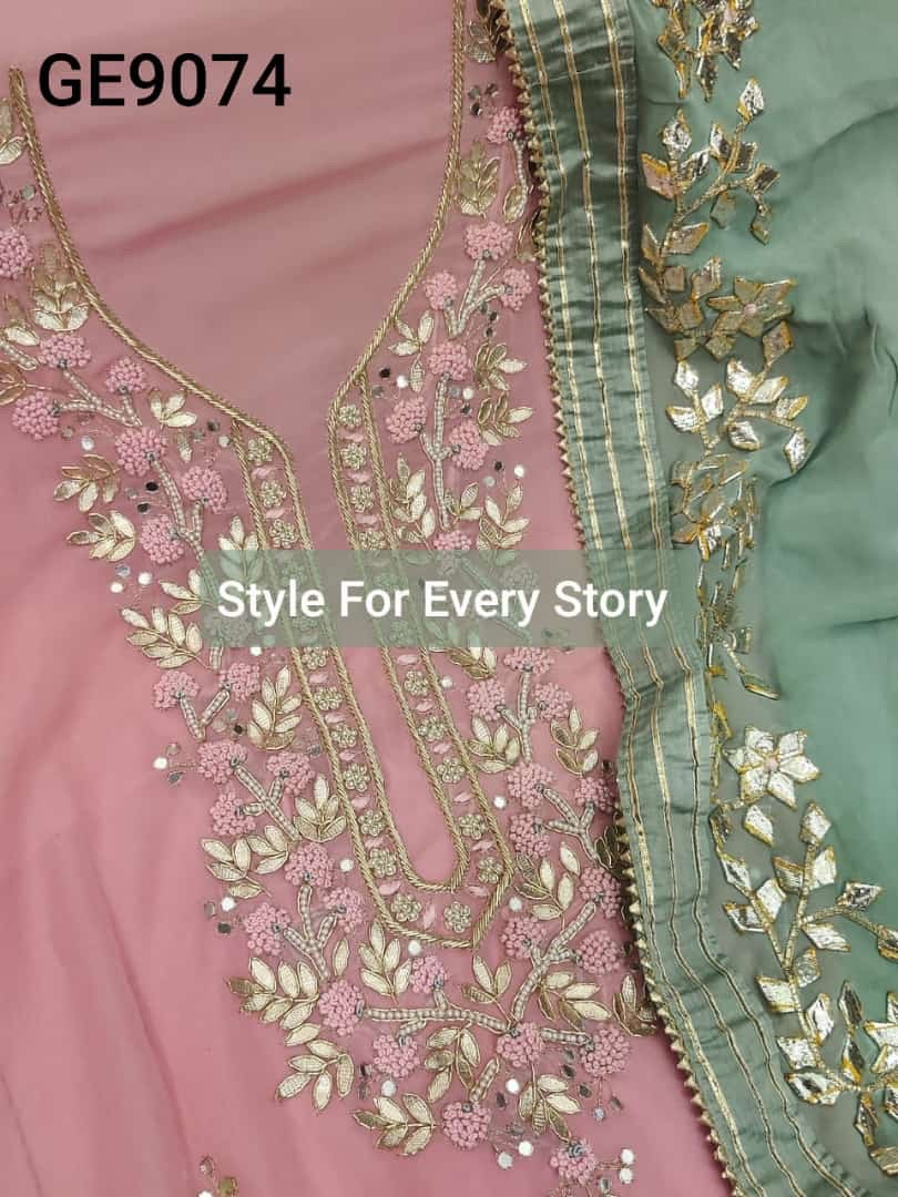 ATHARVA Hand Embroidered Salwar Kameez w/ Pink Georgette Shirt/Gota Pati Georgette Pistachio Color Dupatta/Custom Stitch Unstitch/Custom Anarkali/GE9074 Pink n pistachio