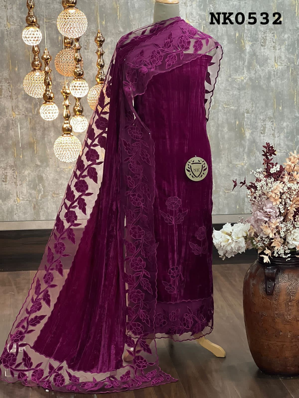 ATHARVA Applique Embroidery Salwar Kameeiz/Velvet Cut-Work Shirt & Dupatta/Velvet Bottom/Custom Stitch Unstitch/Plazo/Pant/VC8134