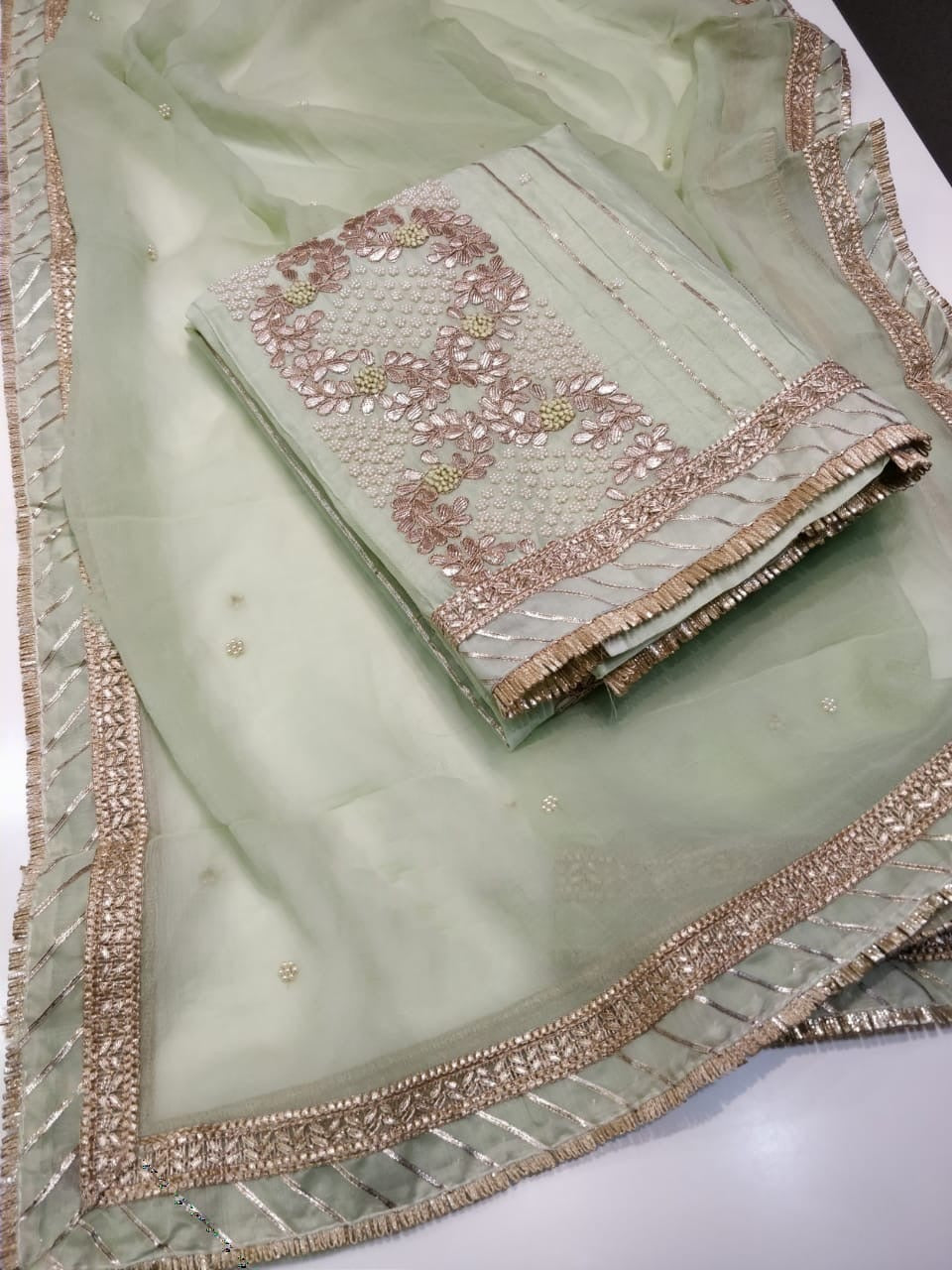 ATHARVA Hand Embroidery Salwar Kameez Pista /Chiffon Dupatta With Stone & Trim/Custom Stitch Unstitch/Gift/Patiala/Anarkali/Churridar/CH17312