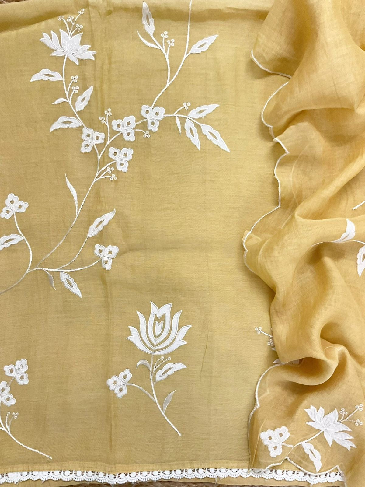 Atharva Heritage/Pure Mul Chanderi Shirt & Dupatta/ Hand Applique /Cotton Silk Bottom/CUT80373 Yellow