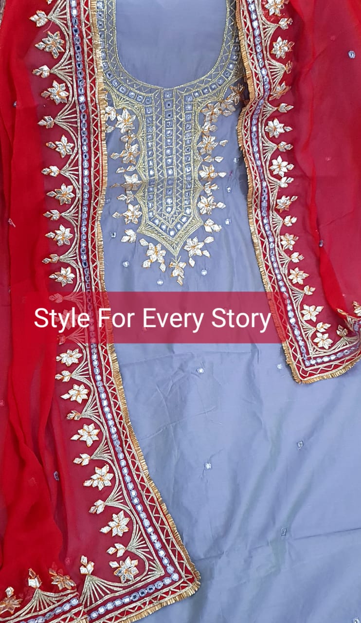 ATHARVA Hand Embroidered Salwar Kameez w/Bottle English Grey n Red Chanderi Shirt/Gota Pati Chiffon Dupatta/Custom Stitch Unstitch/Custom Anarkali/CH18012