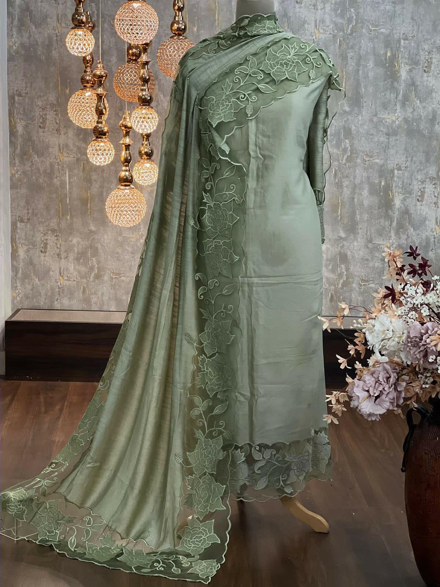 ATHARVA Hand Applique /Cutwork Embroidery Salwar Kameez/pure Mul Chanderi Shirt & Dupatta/Santoon Bottom/Custom Stitch Unstitch/Plazo/Pant/ CUT8048(PISTA)