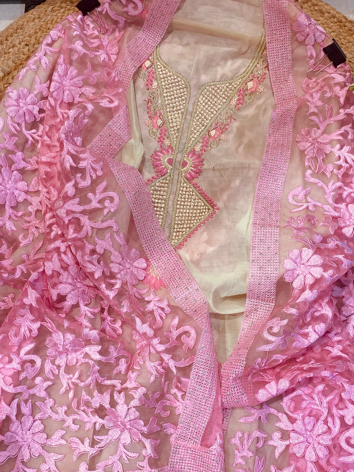 ATHARVA Hand Embroidered Salwar Kameez Chanderi Shirt/Lucknowi Silk Organza Dupatta/Custom Stitch Unstitch/Custom Anarkali/H18017GP