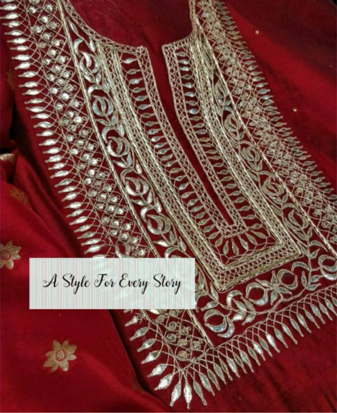 ATHARVA Hand Embroidered Salwar Kameez w/ Embroidered Neck Reds/Banarsi Silk Dupatta/Bridal/Wedding/Custom Stitch/ CH1278