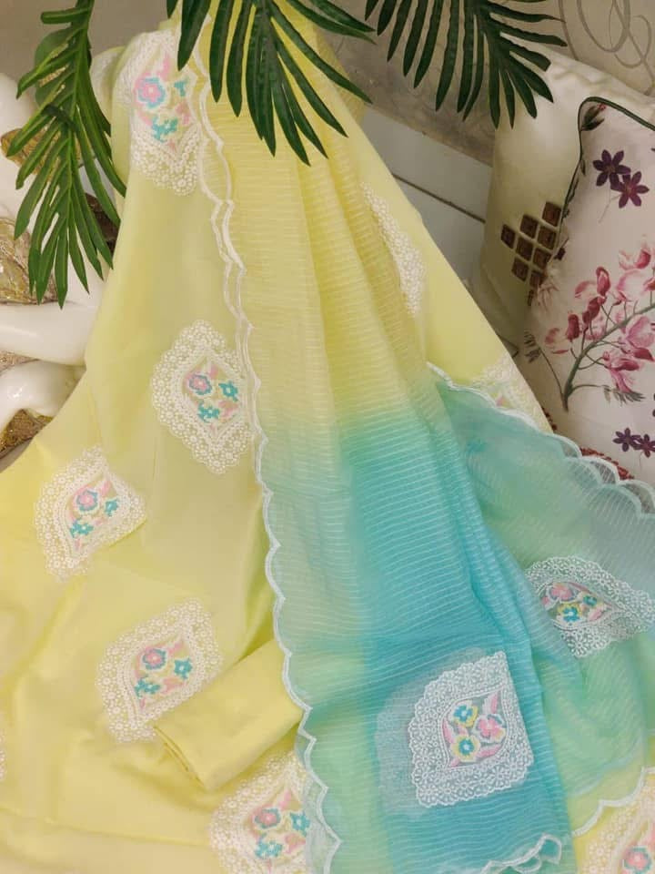 Atharva Embroidered Cotton Salwar Kameez/Embroidery Kota Dupatta /Cotton Embroidery Shirt/Cotton Bottom- CK008 PINK, BLUE AND YELLOW